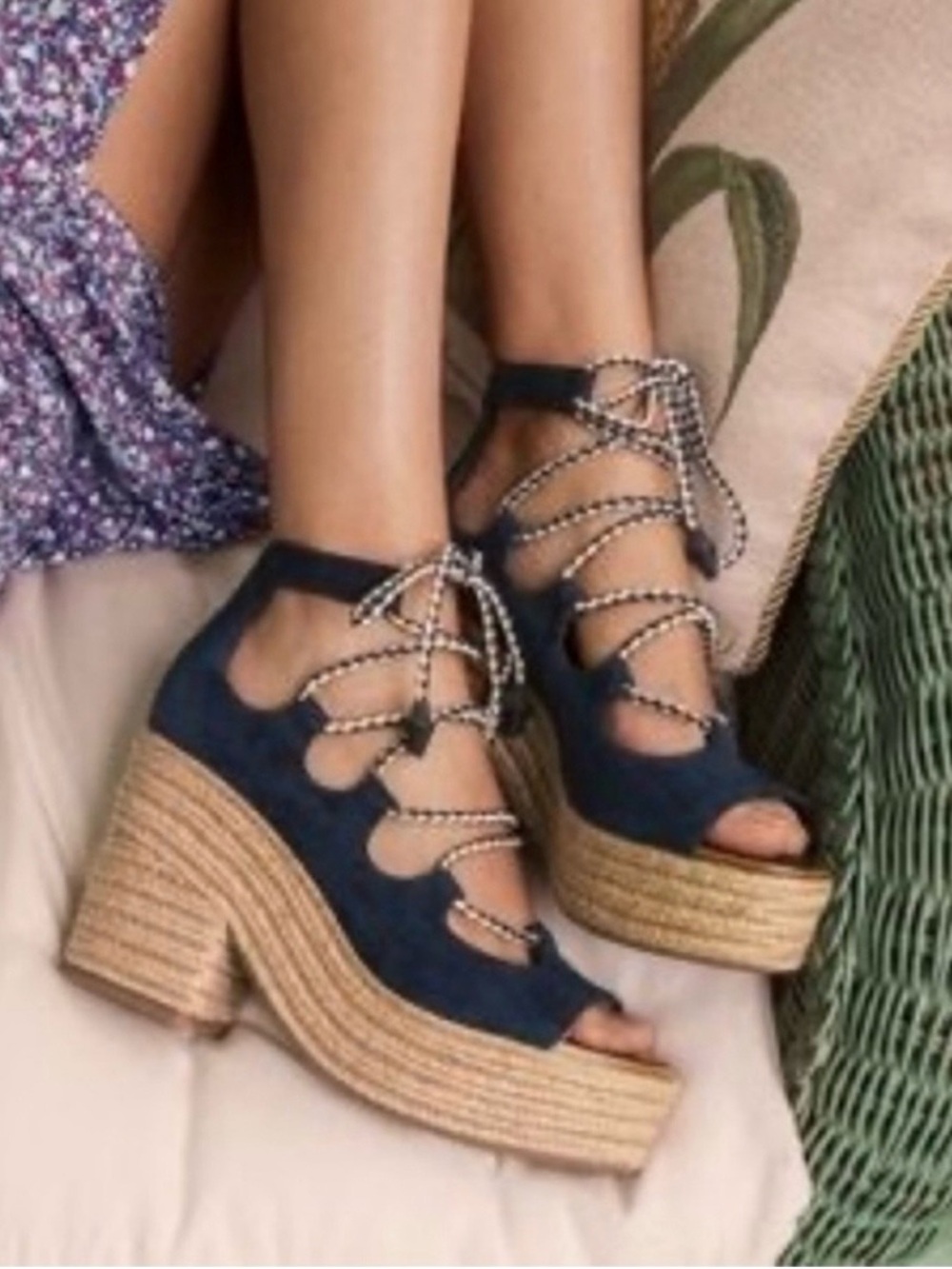 Tory Burch Positano lace-up platform espadrille in denim blue with leather laces